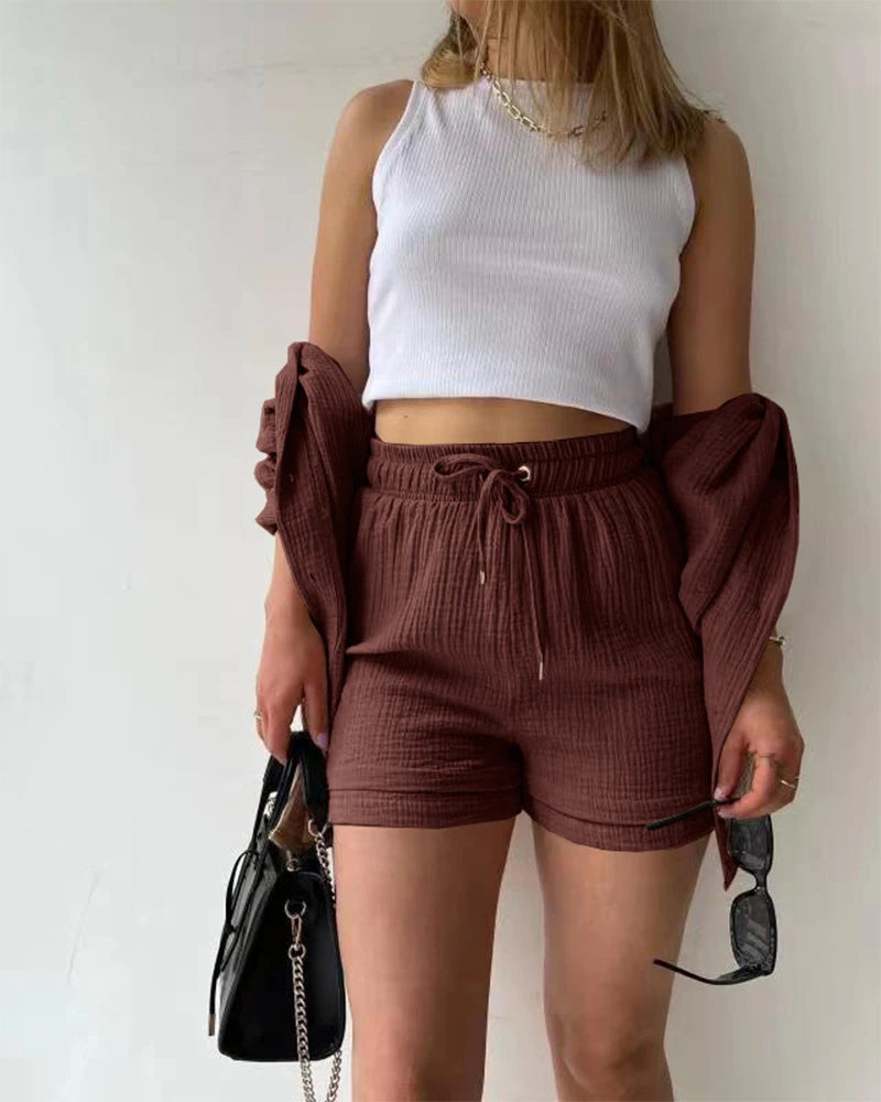 Summer Women's Suit Short Sets Outfits Muslin Suit For Women 2025 Two Piece Female Clothing Solid Button Outfits