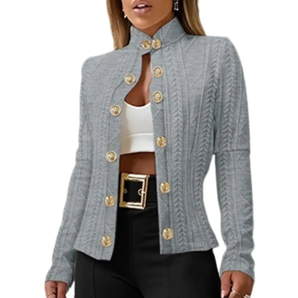 Fall Winter Women Jacket Slim Fit Metal Buttons Stand Collar Long Sleeves Jacquard Coat Solid Color OL Commuting Coat For Work