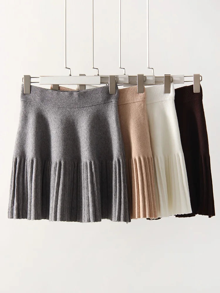 Black Mini Pleated Skirt Gray Women Elastic Waist Short Knitted Skirt For Autumn White A Line Knit Short School Skirt For Women