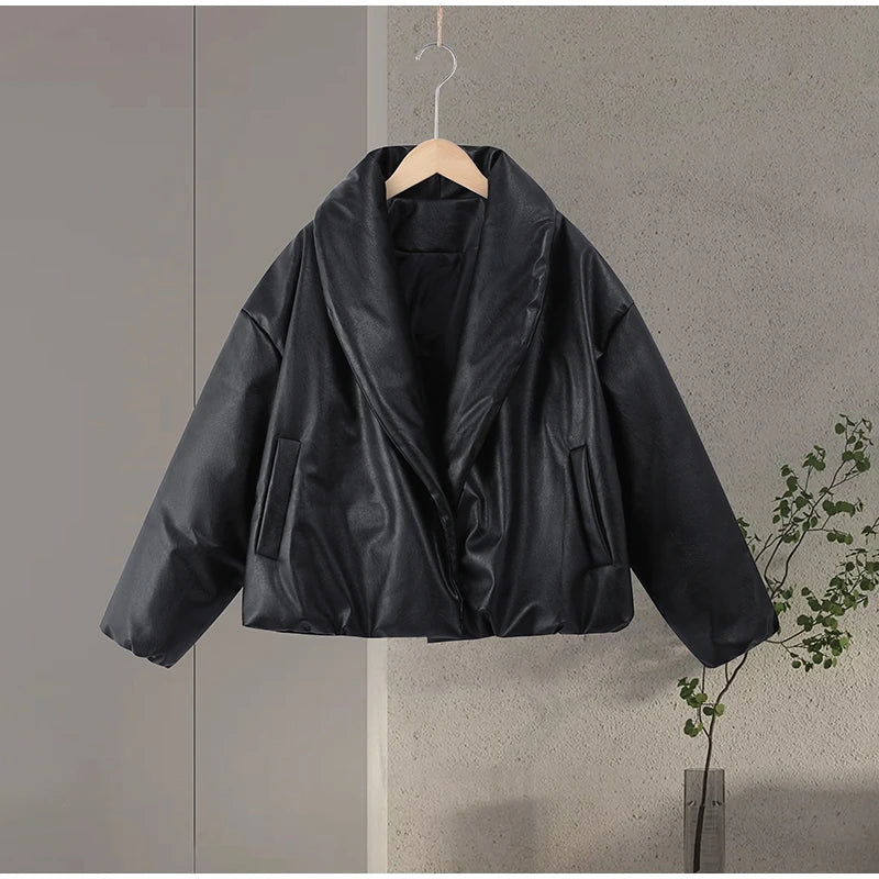 Solid Thicken Short Woman Coats Turn-down Collar Long Sleeve Covered Button Warm Outerwear 2025 Autumn Winter New Lady Jackets