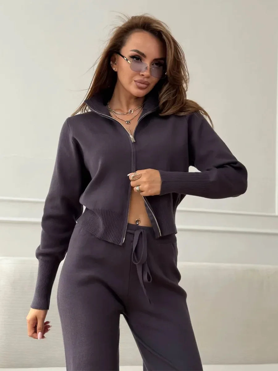 Wolfeel  New Autumn Winter Zip Up Knit Pants Set Women's Trendy Slim Fit Cardigan Pants Chic Commuting Sweater Outfit