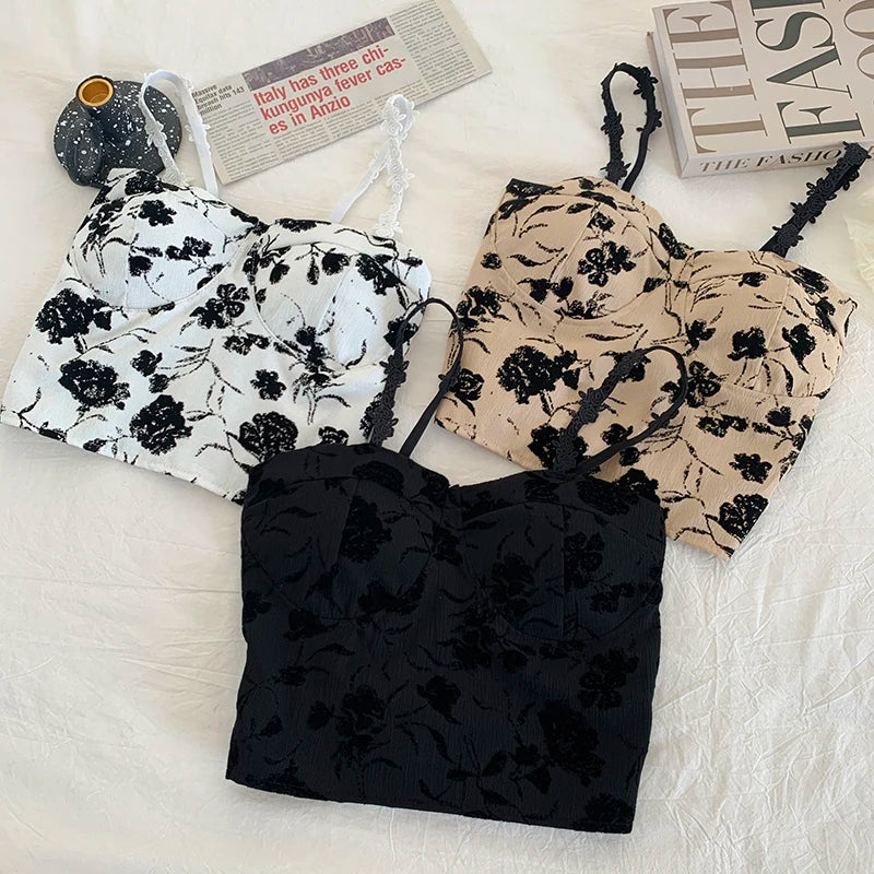 ITOOLIN Women Sweet Elastic Camis Underwear Padded Bra Spaghetti Cute Crop Tops Print Tank Tops For Women Summer 2024