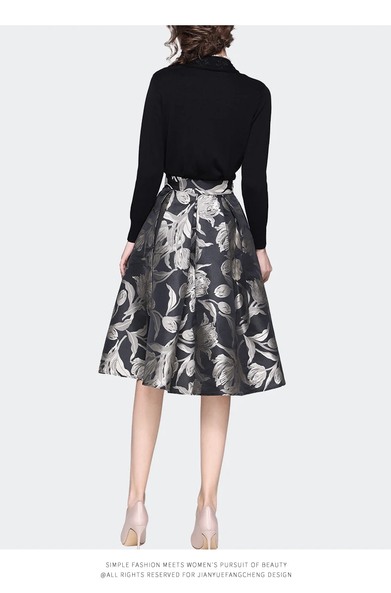 Women Grey Floral Mid-length Skirt 2024 Spring New HIgh Waist A-Line Pleated Knee-length Skirts With Pockets Tutu Skirts