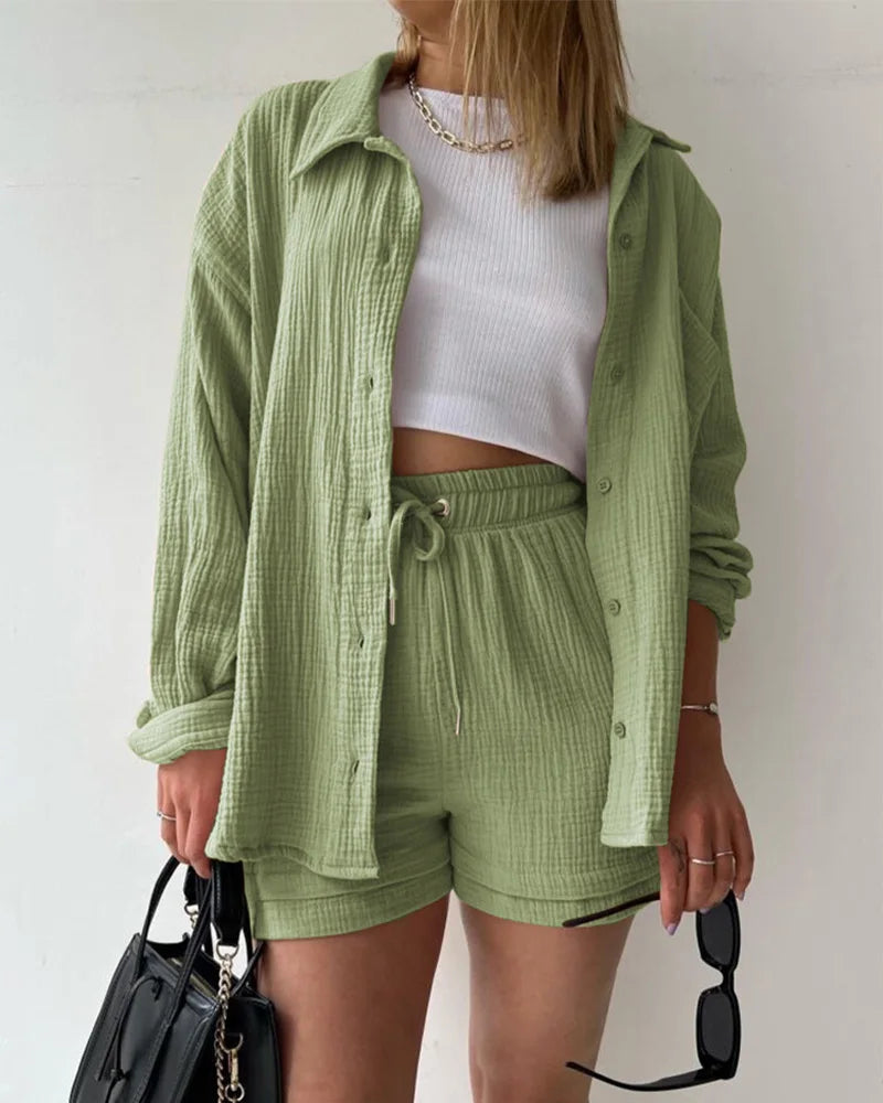 Summer Women's Suit Short Sets Outfits Muslin Suit For Women 2025 Two Piece Female Clothing Solid Button Outfits