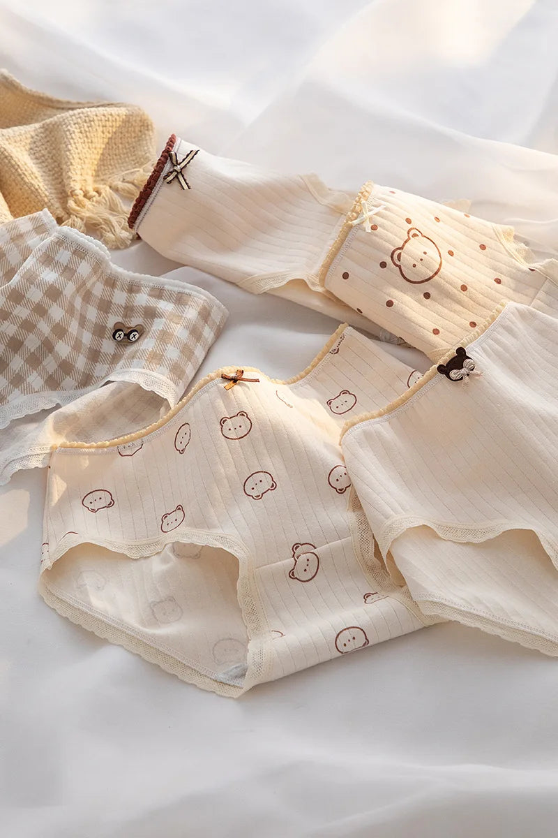 5Pcs/Set Cartoon Cute Bear Cotton Women Panties Breathable Underwear Girls Briefs Mid Waist Soft Female Intimates Sexy Lingerie