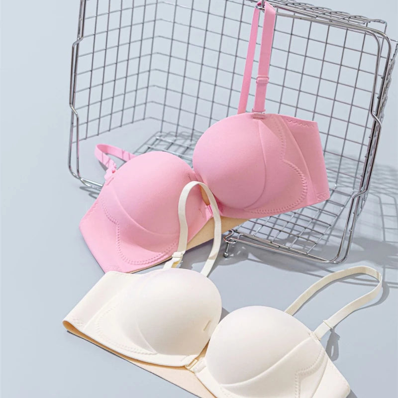Strapless Anti-Slip Bra for Women with Small Breasts Front Buckle Gathered Design to Enhance Bust Size And Thickness