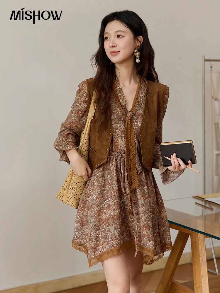 MISHOW Suede Vest Jacket for Women 2025 Autumn French Vintage Sleeveless Thin Vest Coat Rivet Design V-neck Vests MXE46W0863