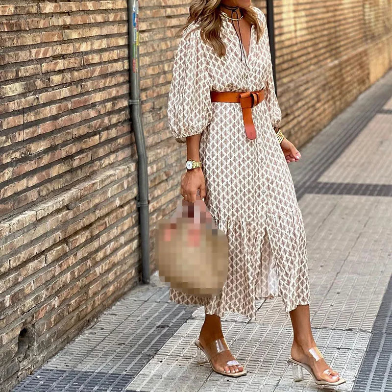 Women's New Autumn Winter Fashion Belt Print Sexy V-neck Slit Simple Temperament Bubble Sleeves Casual Mid Length Dress