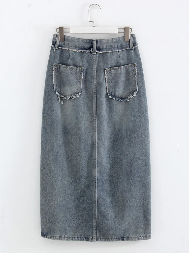 Streamgirl Irregular Split Denim Skirts For Women Midi Summer Casual Tassel Denim Skirt Lady Sexy A Line Jeans Skirt Women 2024