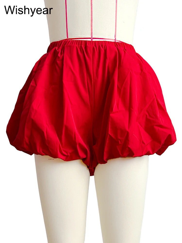 Casual Pleated Double Bubble Baddie Shorts for Women Elastic Waist Red Pants Summer Beach Y2k Streetwear Vacation Club Outfit