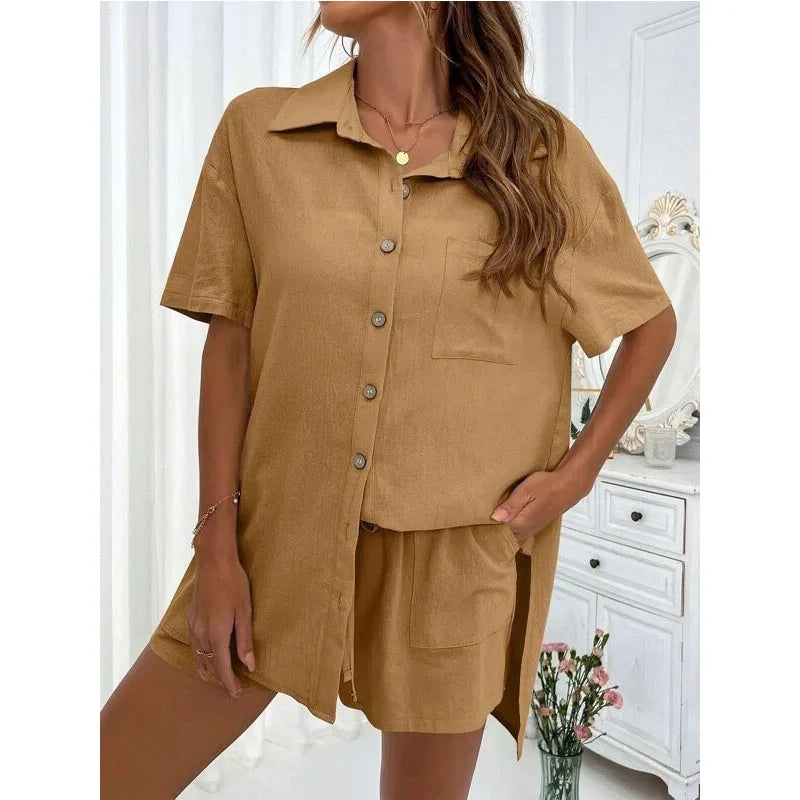 Solid Color Casual Loose Short Pants Sets For Women 2024 Elegant Summer Women's Two Pieces Suit Full Set Female Outfit Clothes