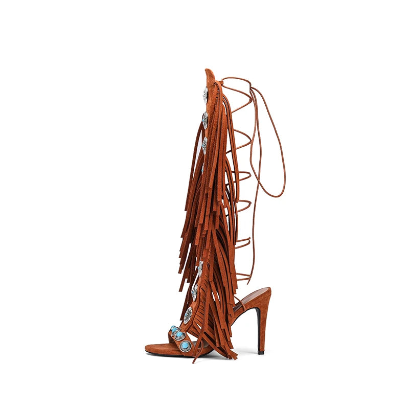 Real cow suede leather  tassels women sandal peep toe jewel lace up 10cm high heels