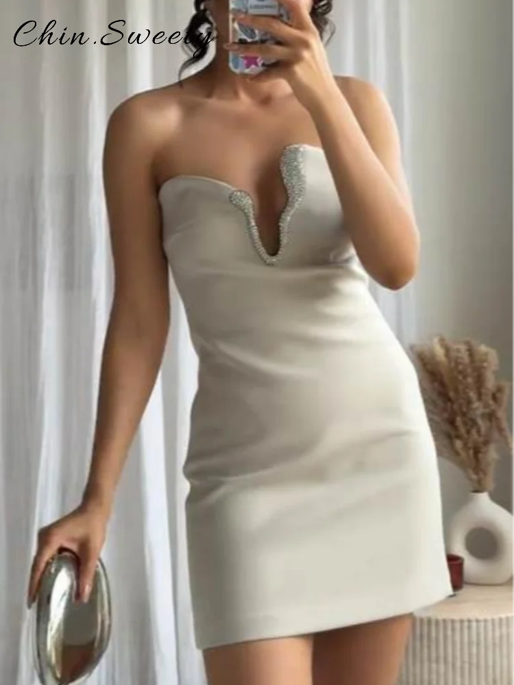 Sexy Asymmetric Rhinestone Short Skirt Set Women Solid  Strapless Sleeveless Crop Tops Mini Skirts 2026 Spring Lady Elegant Gown