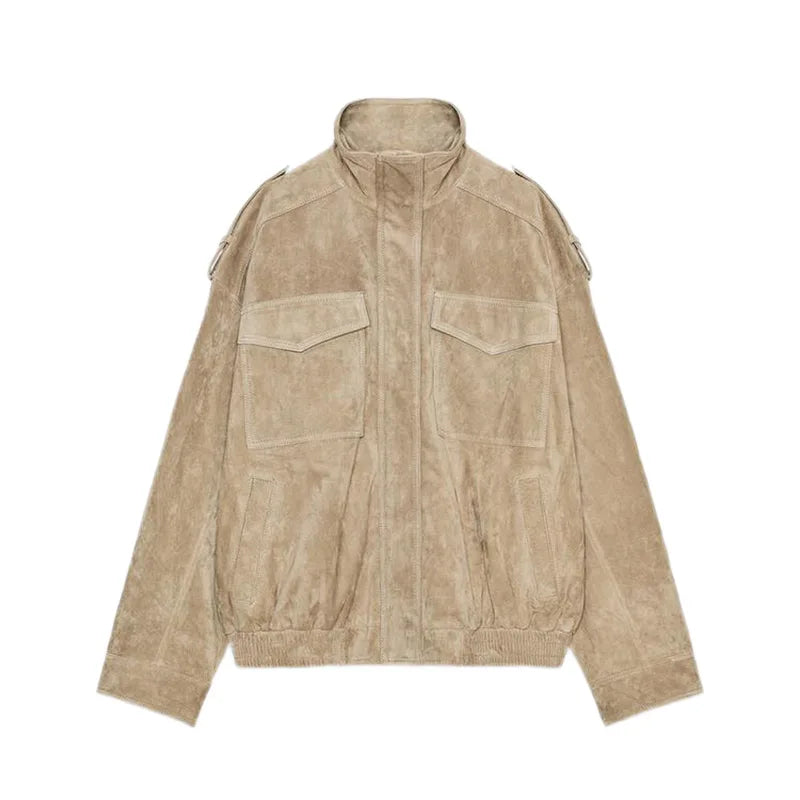 Women's Brown Suede Short Jackets Casual Lapel Zippered Full Sleeves Pocket Loose Short Coats 2025 Autumn Daily Commute Outwear