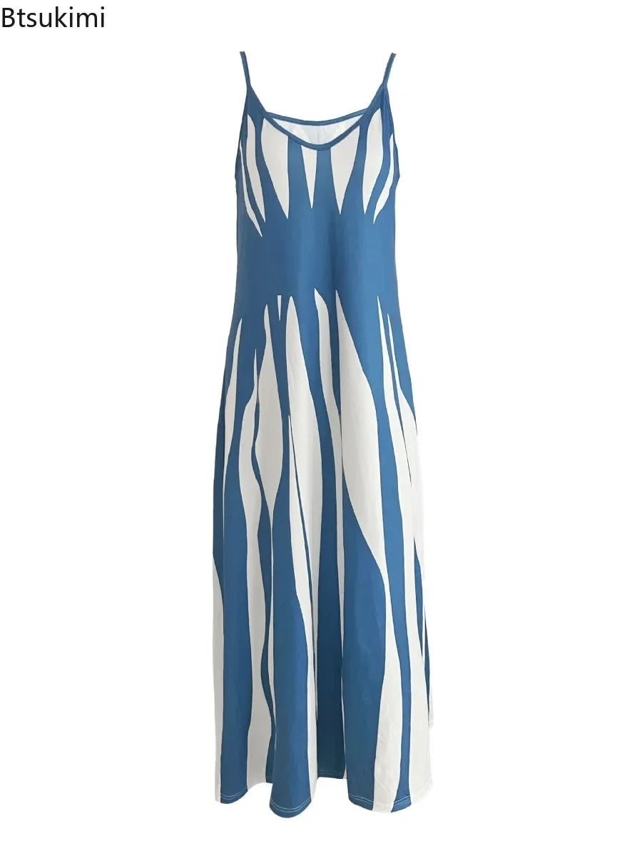 Women's Summer Sleeveless Print Sling Long Dress Vintage Loose Sundress Sexy V-neck Bohemian A-line Vacation Strappy Maxi Dress