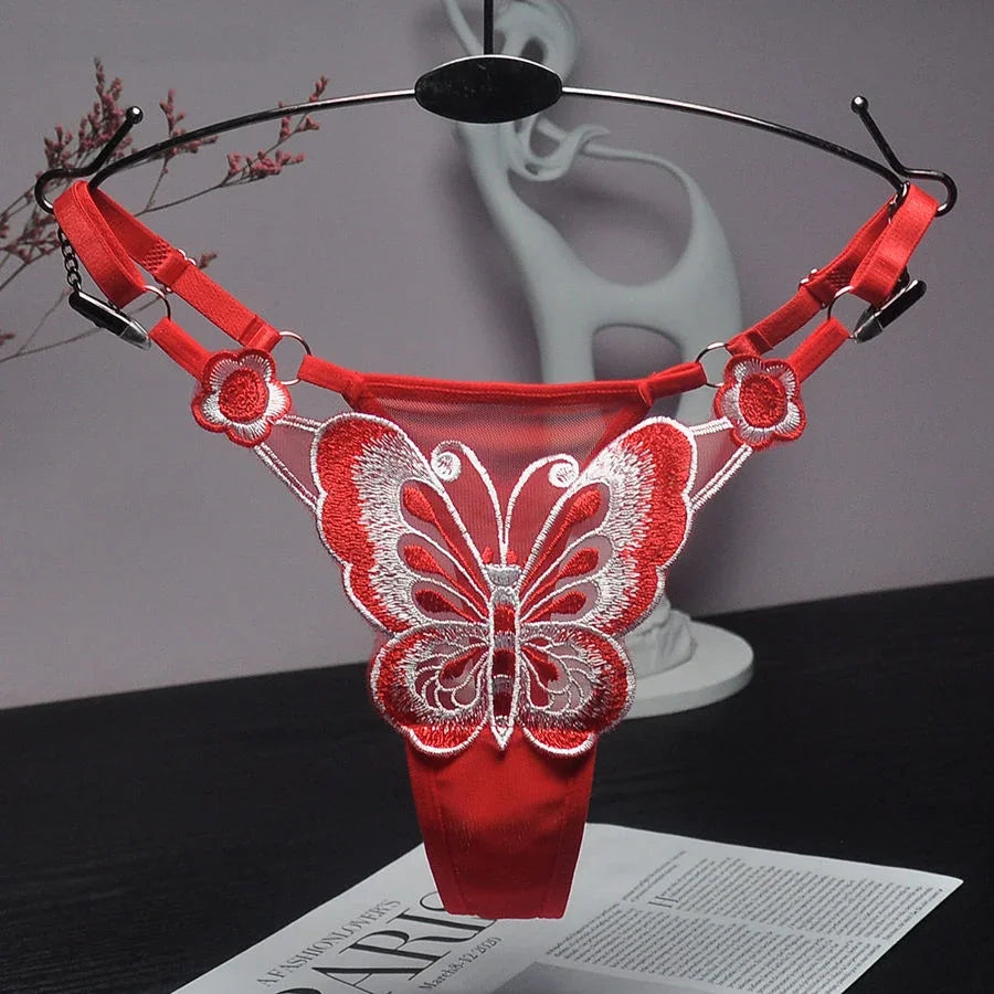 Butterfly Lace Thong for Women Low Waist G-String Transparent Mesh Panties Sexy Embroidered Briefs Adjustable Waist Culotte Femm
