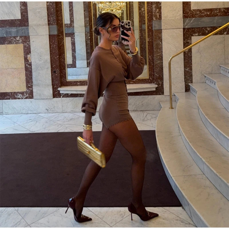Casual Solid Long Sleeve Button Front Set Vintage Lace Trim Fitted Top High Waist Shorts Sets Youthful Daily Outfit 2026 Trendy