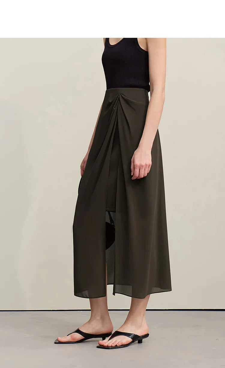 Amii Women's Skirt 2026 Summer Elegant Chiffon Midi Skirt Pleated Side Slit Office Casual Versatile Women's Clothing 12612002
