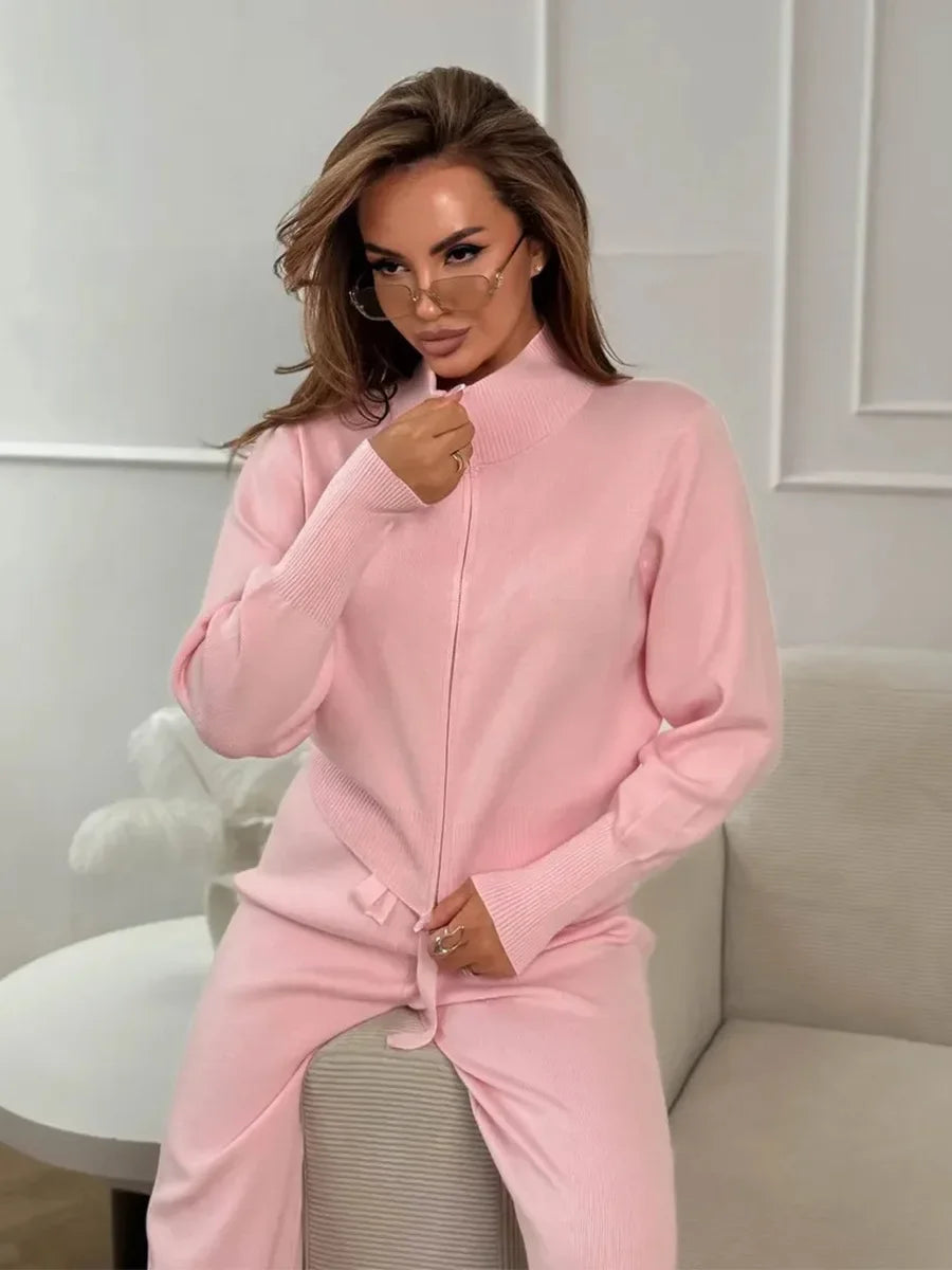 Wolfeel  New Autumn Winter Zip Up Knit Pants Set Women's Trendy Slim Fit Cardigan Pants Chic Commuting Sweater Outfit