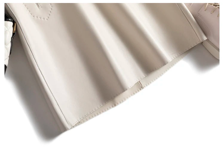 Moda Linda Lambskin Mini Skirts Women Handmade Arch Needle High Waist Wrap Leather Etek Khaki Double Breasted Metal Button Jupe