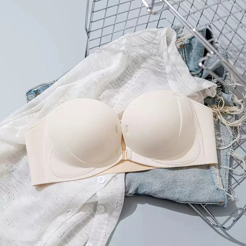 Strapless Anti-Slip Bra for Women with Small Breasts Front Buckle Gathered Design to Enhance Bust Size And Thickness