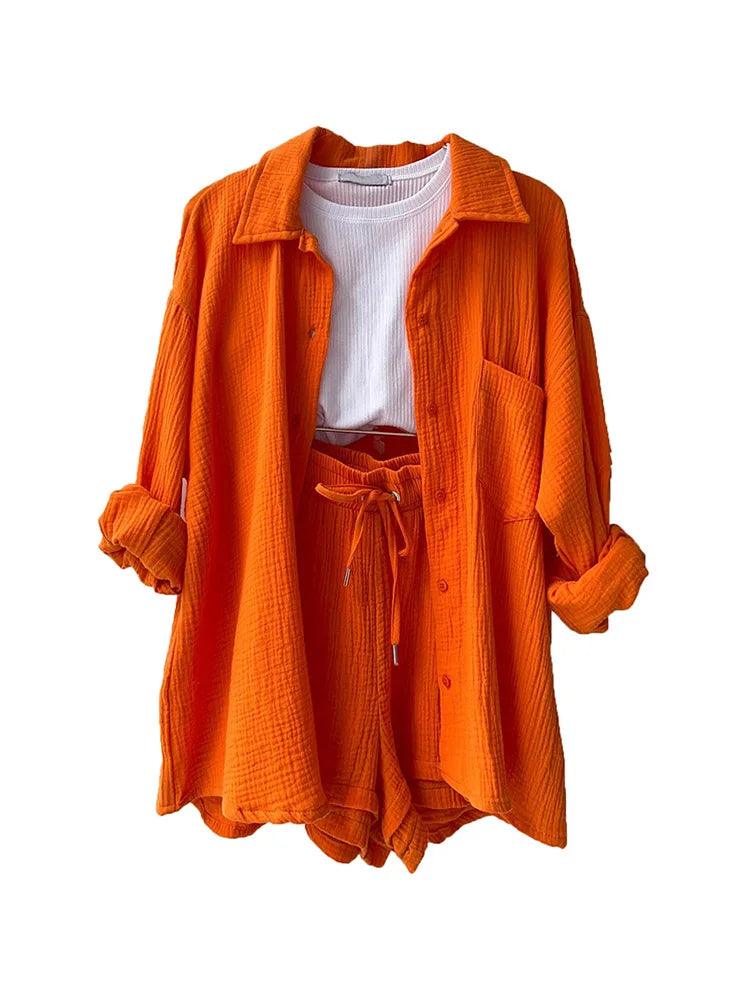 Summer Women's Suit Short Sets Outfits Muslin Suit For Women 2025 Two Piece Female Clothing Solid Button Outfits