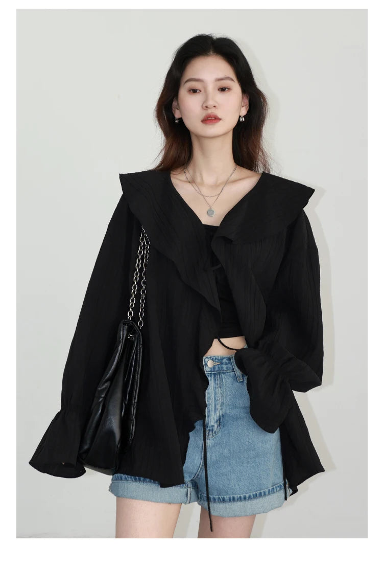 CHIC VEN Women Shirt Loose Casual Ruffled Edges Female Blouses V Neck Lace Up Mid Length Woman Shirts Spring Summer 2026