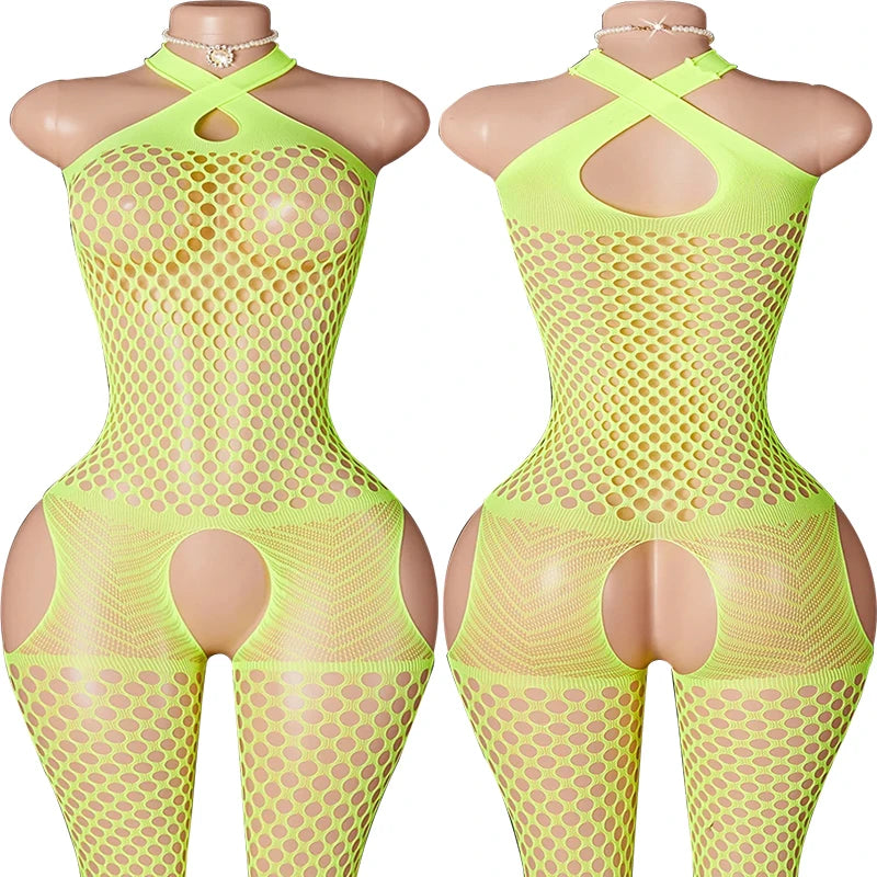 Erotic Crotchless Lingerie For Women Mesh Translucent Bra Set Lace Floral Print Bodysuit Fishnet Sexy Hollow Out Underwear Set