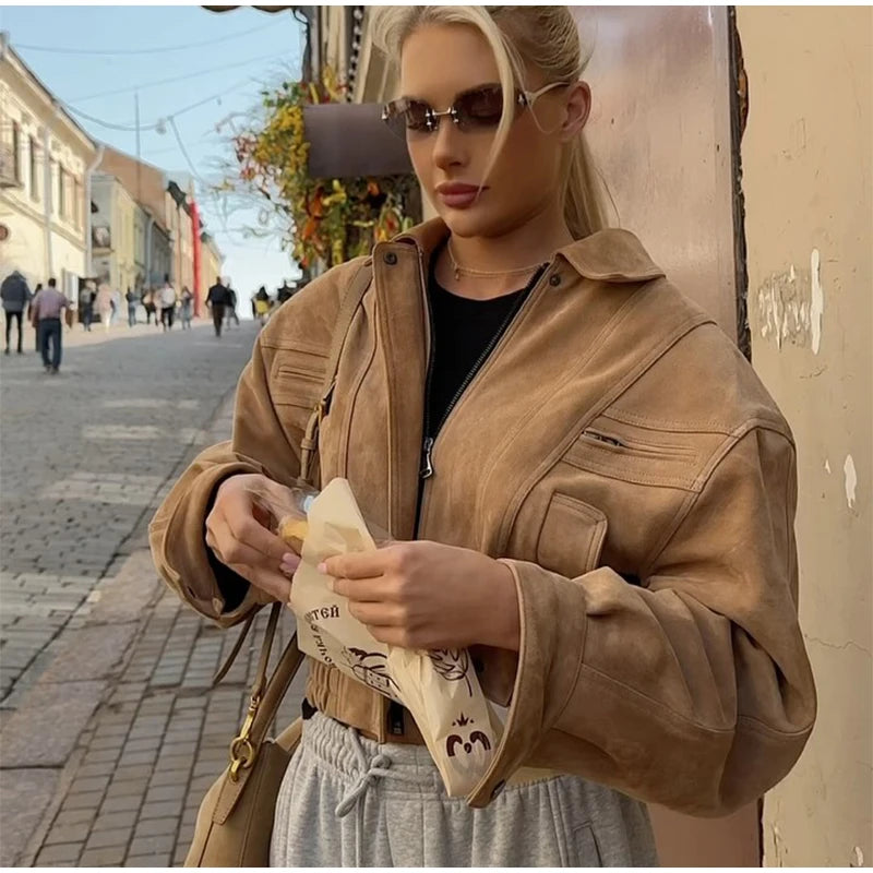 Women's Brown Suede Short Jackets Casual Lapel Zippered Full Sleeves Pocket Loose Short Coats 2025 Autumn Daily Commute Outwear