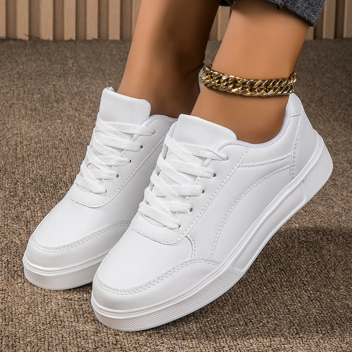 Baasploa Women Casual Sneakers Leather Platform Sneakers for Women Classics Comfort Skateboarding Shoes Non-Slip