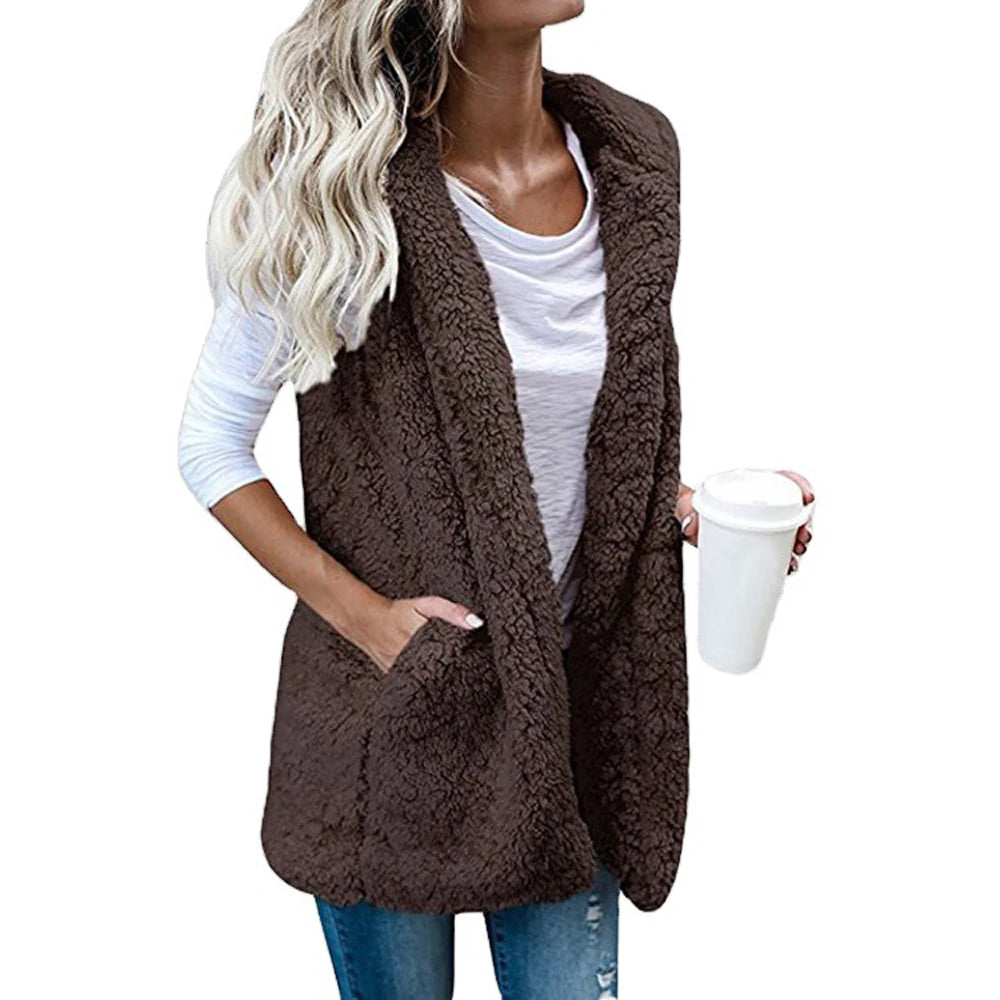 Women Fleece Coats Summer Fashion Pocket Sleeveless Long Loose Waistcoats Outwear LRFZ-6699