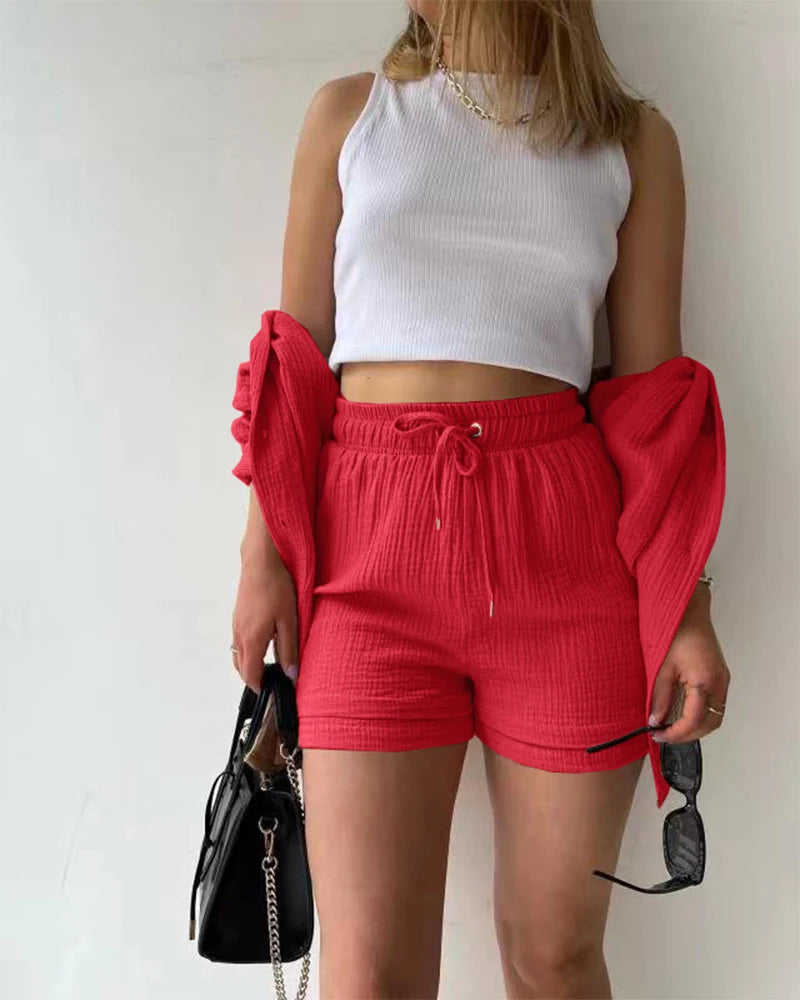 Summer Women's Suit Short Sets Outfits Muslin Suit For Women 2025 Two Piece Female Clothing Solid Button Outfits