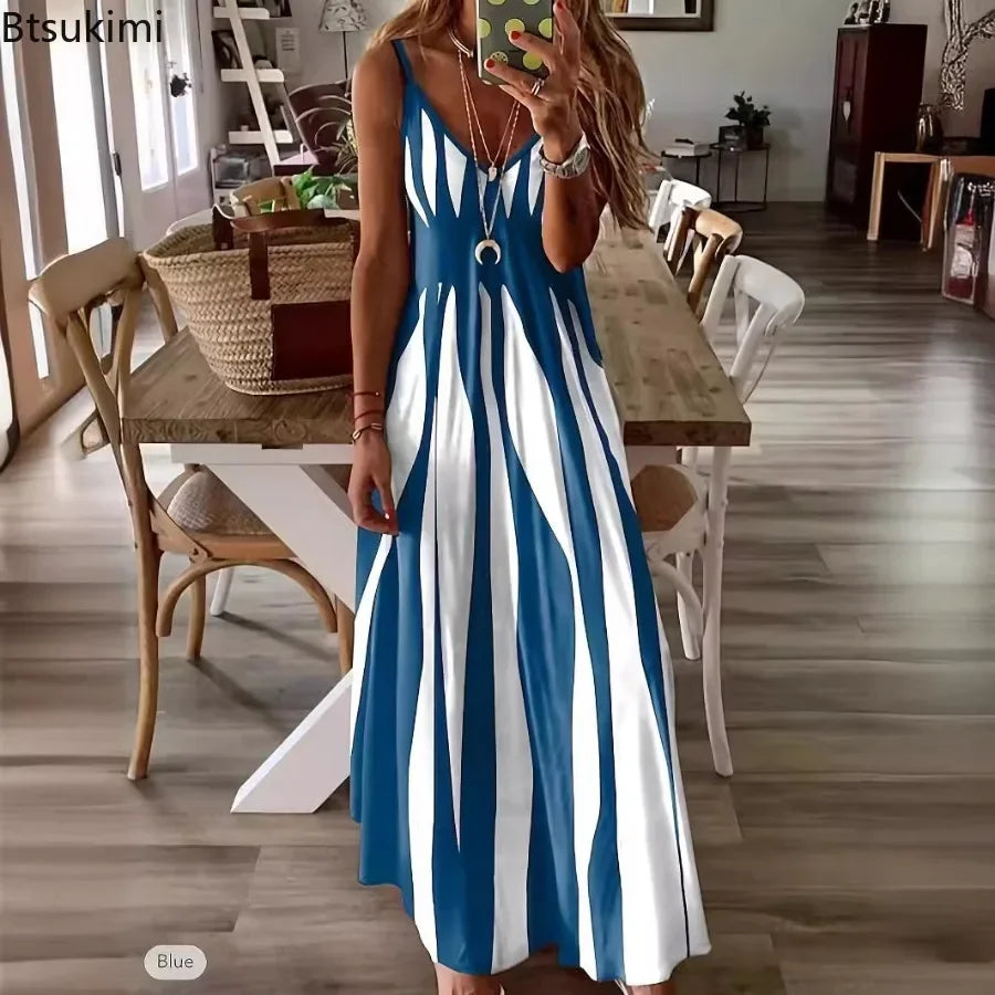 Women's Summer Sleeveless Print Sling Long Dress Vintage Loose Sundress Sexy V-neck Bohemian A-line Vacation Strappy Maxi Dress
