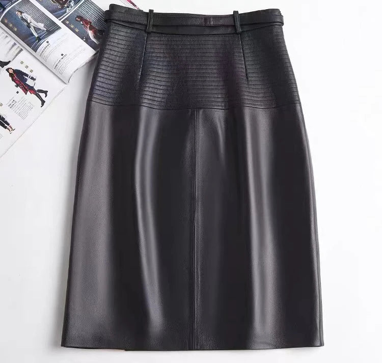 2025 New Spring Women Genuine Leather Skirt Feminino Slim Leopard Pattern Split  Wrapped Jupe Mujer Mid Length Striped Belt Saia