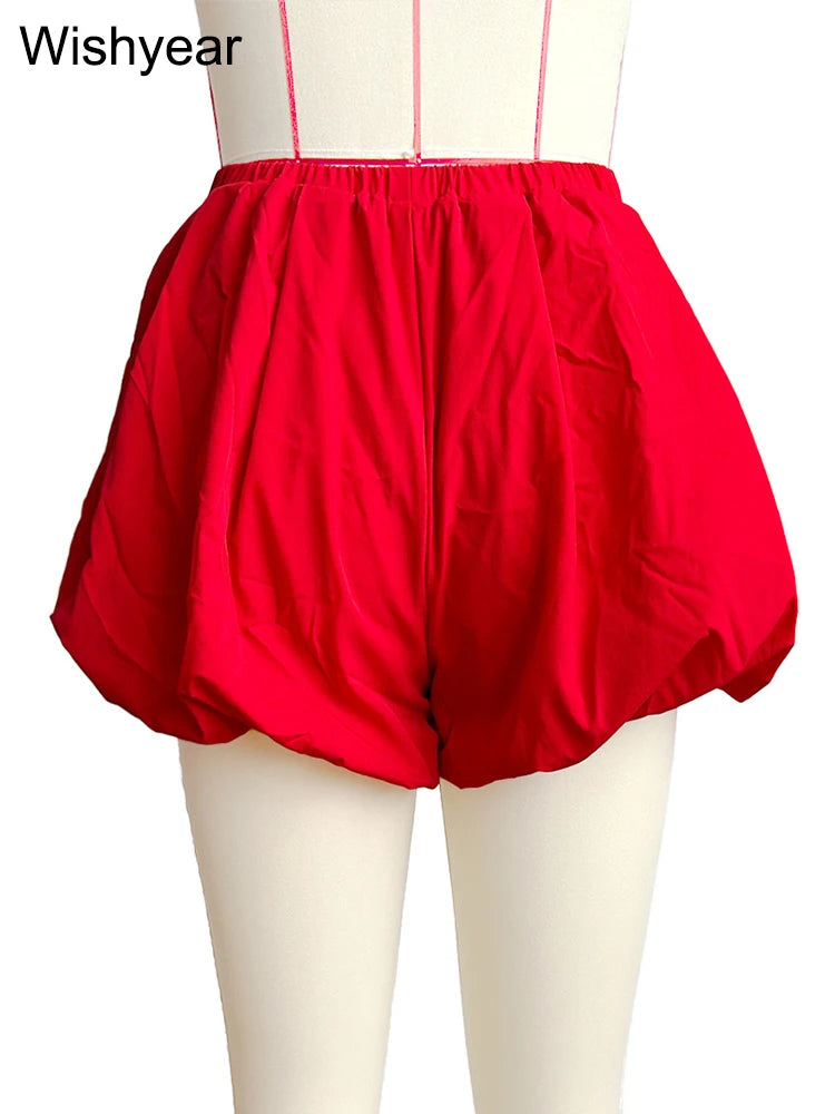 Casual Pleated Double Bubble Baddie Shorts for Women Elastic Waist Red Pants Summer Beach Y2k Streetwear Vacation Club Outfit