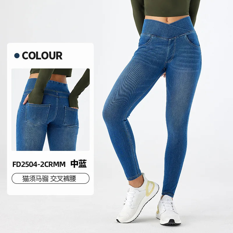 High Waist Cross Fit Women's Skinny Jeans Elastic Fitness Casual Pants Cotton Polyester Inner Lining Running Exercise Jeans