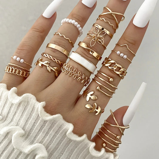 22 Pcs Vintage Gold Color Heart Butterfly Rings Set for Women Boho Metal Geometric Spiral Shape Imitation Pearl Ring Trendy Jewe