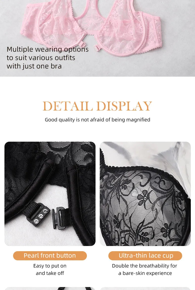 Bra For Womens Front Button Lace Bra Underwire Underwear Elegant Embroidery Beautiful Back Plus Size Lingeire BH Top