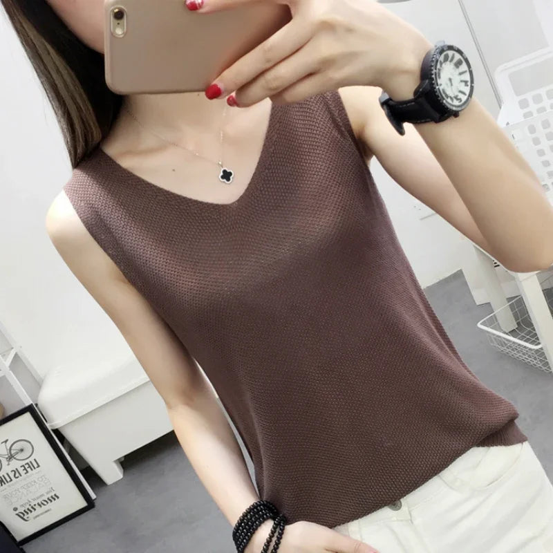 Fashion Woman Blouses 2024 V-neck Knitted Blouse Shirt Women Clothes Sleeveless Summer Blouse Women Womens Tops And Blouses C860