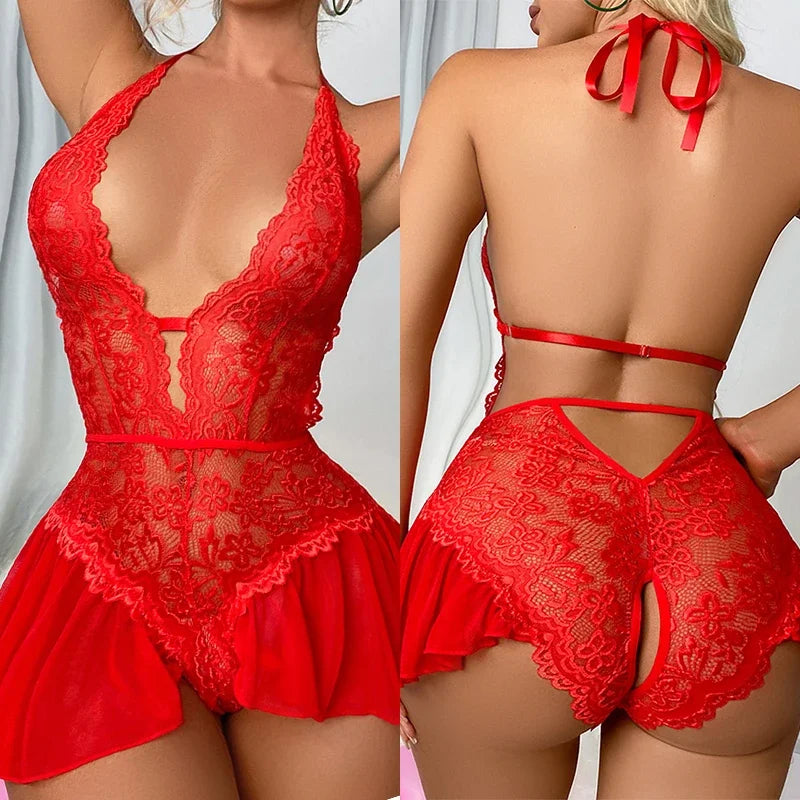 The White Crotchless Deep V Babydoll Set