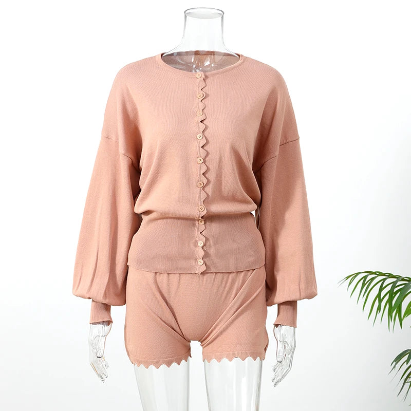 Casual Solid Long Sleeve Button Front Set Vintage Lace Trim Fitted Top High Waist Shorts Sets Youthful Daily Outfit 2026 Trendy