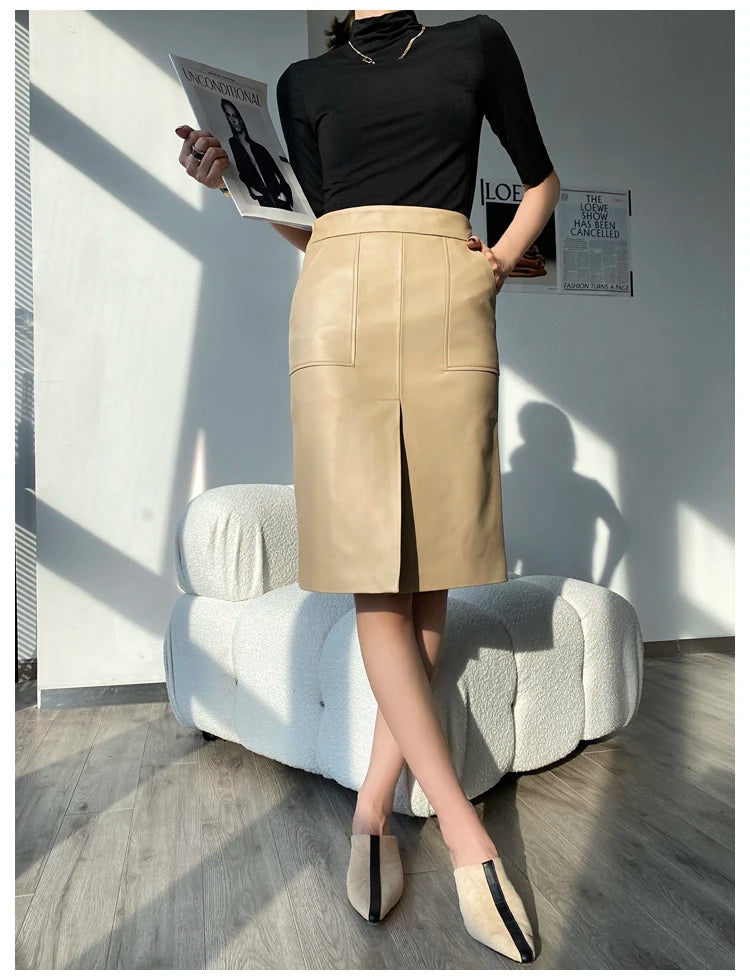 Lambskin Skirt for Women Commuting OL Simplified Vertical Cut 100% Leather Front Split Jupe Mujer Pockets Black Wrap Midi Skirt