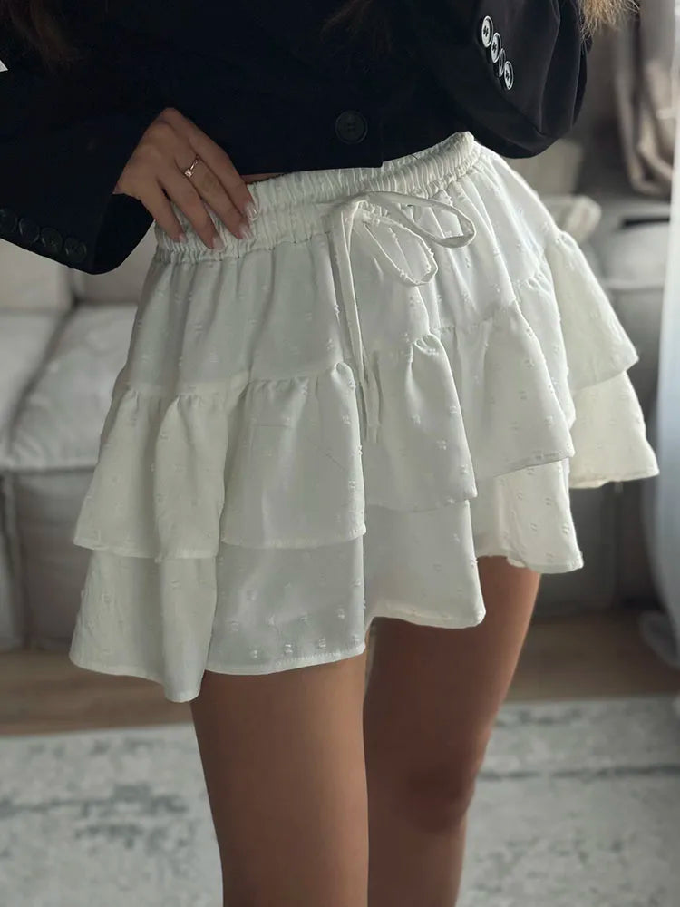 Streamgirl Women Mini Skirts With Shorts Under Summer Clothes Tie Up A Line Short White Pleated Ruffled Layered Skirt For Women