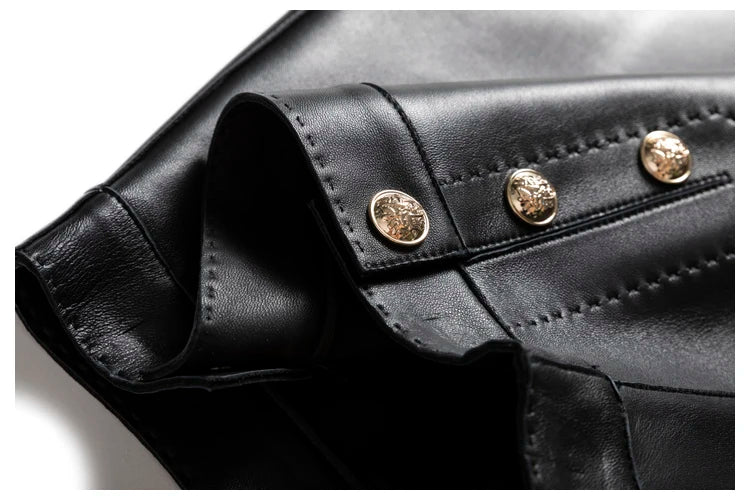 Moda Linda Lambskin Mini Skirts Women Handmade Arch Needle High Waist Wrap Leather Etek Khaki Double Breasted Metal Button Jupe