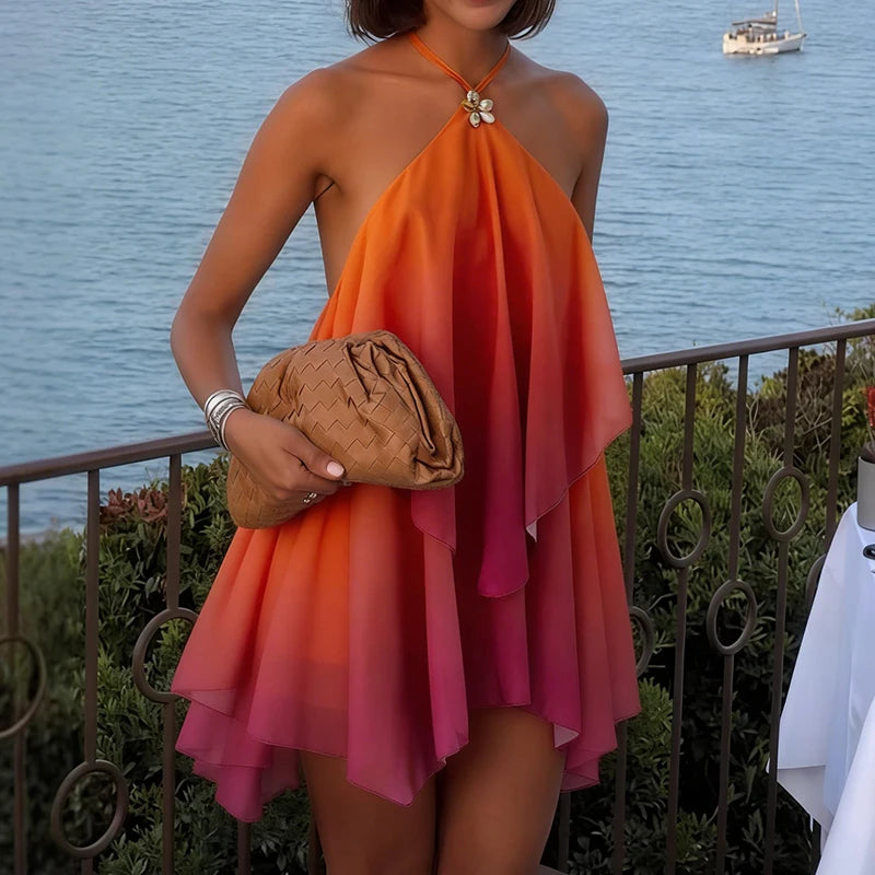 Women Ruffles Halter Neck Mini Dress Summer Mock Neck Open Back Tiered Dress Y2K Backless Mesh Layered Going Out Dresses
