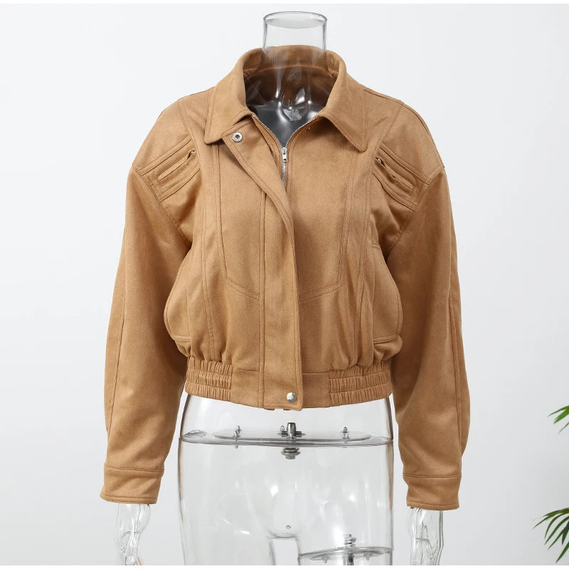 Women's Brown Suede Short Jackets Casual Lapel Zippered Full Sleeves Pocket Loose Short Coats 2025 Autumn Daily Commute Outwear