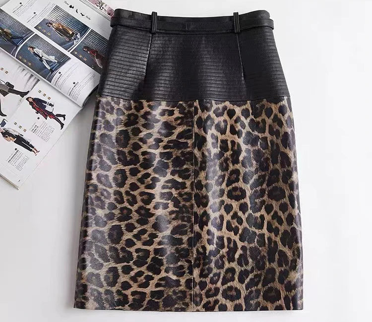 2025 New Spring Women Genuine Leather Skirt Feminino Slim Leopard Pattern Split  Wrapped Jupe Mujer Mid Length Striped Belt Saia
