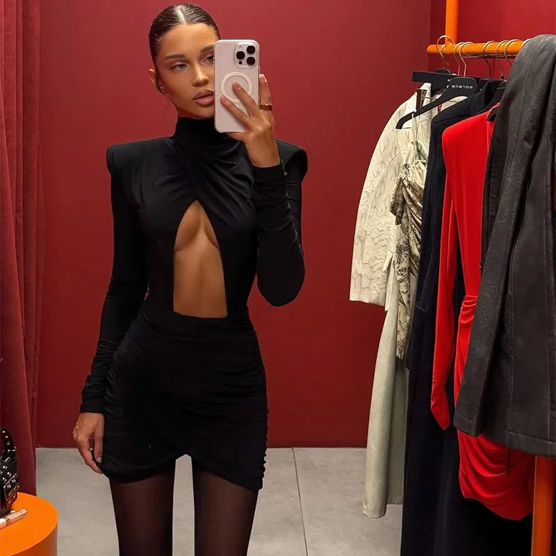 Black Hollow Out Mini Dress Women's Long Sleeve Sexy High Collar Slim A-line Dresses 2025 Lady Evening Party Club Gowns Autumn