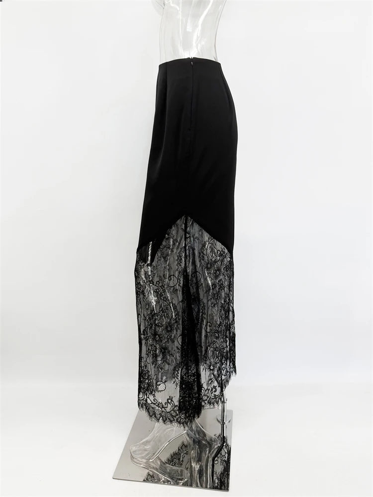 Women Patchwork Lace Skirts 2026 New Vintage High Waist Slim Hollow Out Maxi Skirts Autumn Brown Fashion Party Club Boho Skirt