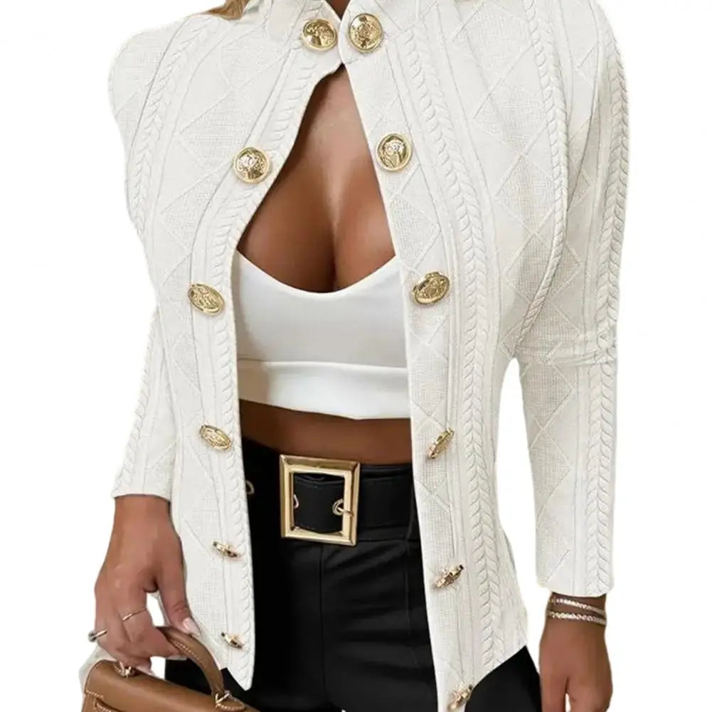 Fall Winter Women Jacket Slim Fit Metal Buttons Stand Collar Long Sleeves Jacquard Coat Solid Color OL Commuting Coat For Work
